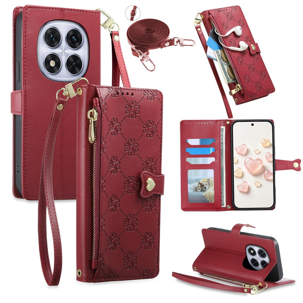 For Xiaomi Redmi Note 14 Pro 5G  /  Poco X7 5G Leather Case Hearts Imprint Zipper Pocket Wallet Phone Cover with Short and Long Straps