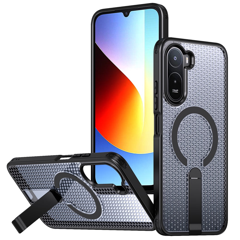 For Xiaomi Redmi A7 Pro 4G (171.56mm)  /  Redmi A7 Pro 5G  /  Poco C85x 5G  /  Poco C81 4G  /  Poco C81 Pro 4G Magnetic Case Kickstand Grid Texture TPU PC Phone Back Cover