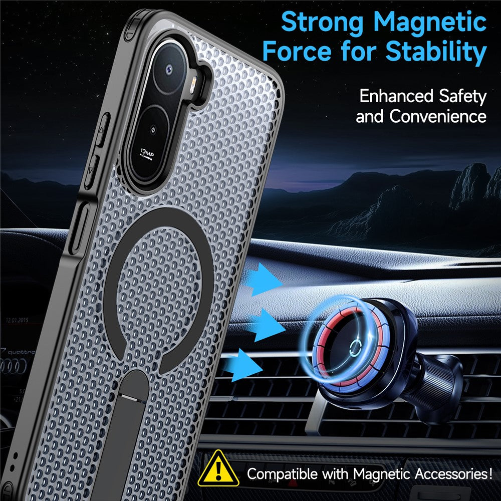 For Xiaomi Redmi A7 Pro 4G (171.56mm)  /  Redmi A7 Pro 5G  /  Poco C85x 5G  /  Poco C81 4G  /  Poco C81 Pro 4G Magnetic Case Kickstand Grid Texture TPU PC Phone Back Cover