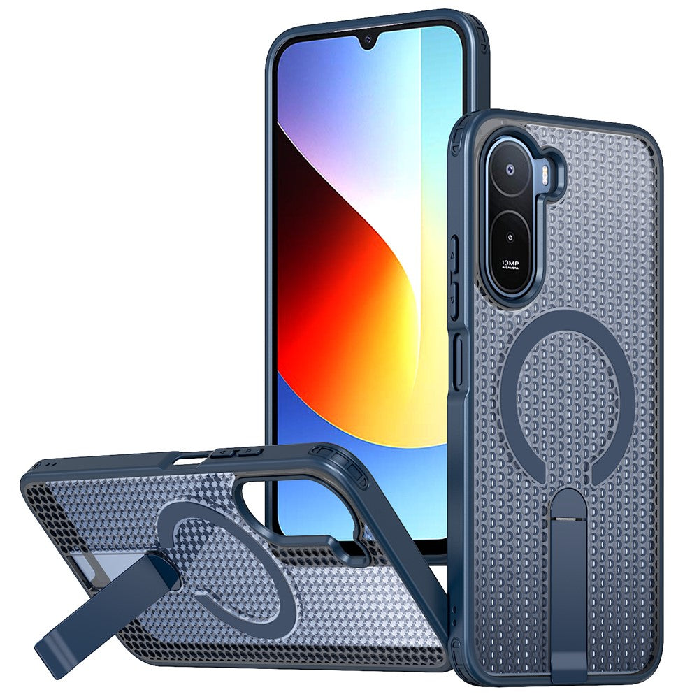 For Xiaomi Redmi A7 Pro 4G (171.56mm)  /  Redmi A7 Pro 5G  /  Poco C85x 5G  /  Poco C81 4G  /  Poco C81 Pro 4G Magnetic Case Kickstand Grid Texture TPU PC Phone Back Cover