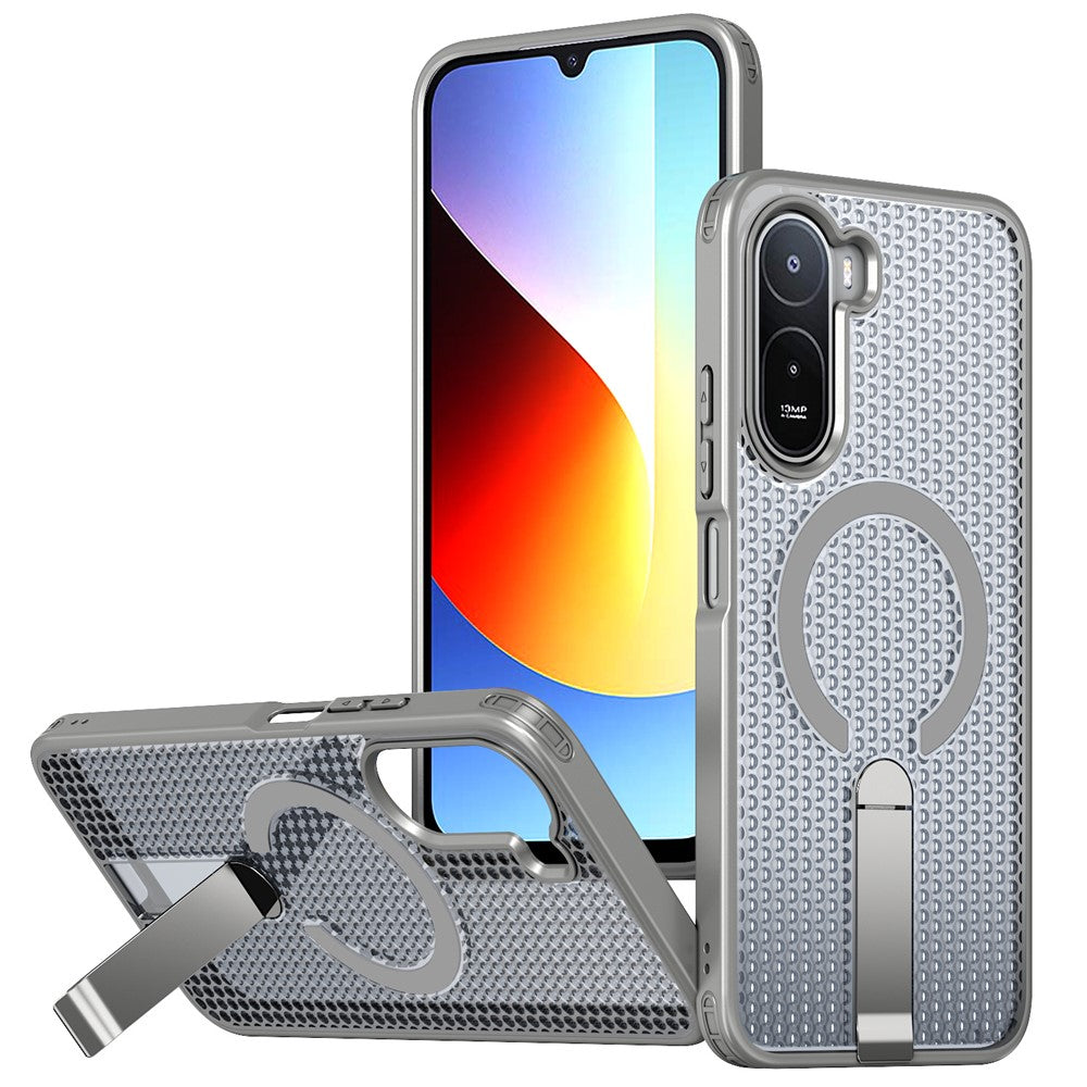 For Xiaomi Redmi A7 Pro 4G (171.56mm)  /  Redmi A7 Pro 5G  /  Poco C85x 5G  /  Poco C81 4G  /  Poco C81 Pro 4G Magnetic Case Kickstand Grid Texture TPU PC Phone Back Cover