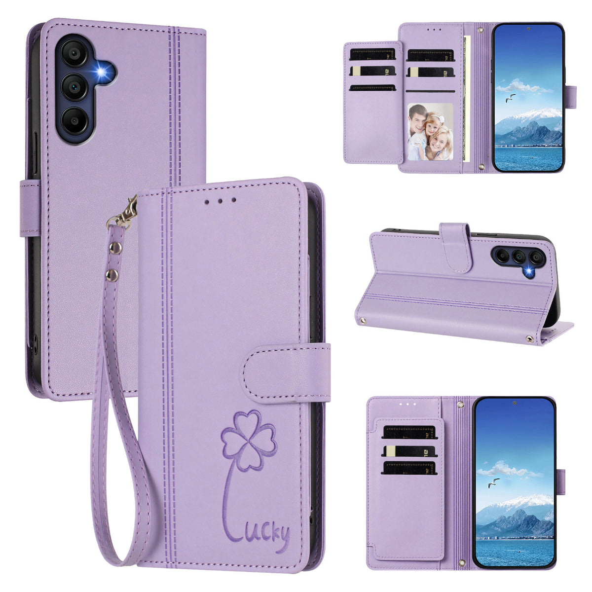 Samsung Galaxy A16 4G / Galaxy A16 5G Plånboksfodral 9 Kortfack Lucky Clover Imprint Lädermobilfodral med Handledsrem