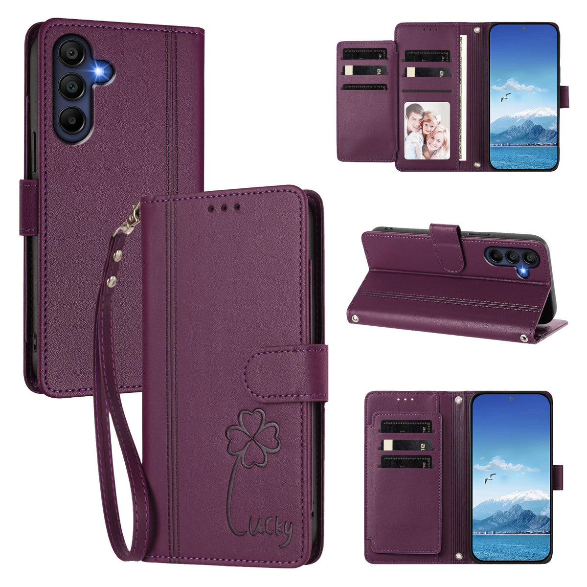 Samsung Galaxy A16 4G / Galaxy A16 5G Plånboksfodral 9 Kortfack Lucky Clover Imprint Lädermobilfodral med Handledsrem