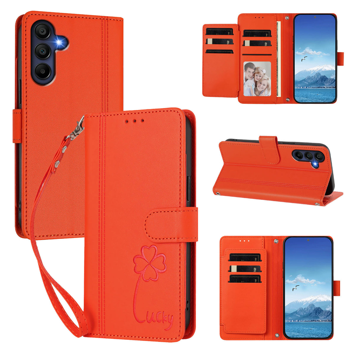 Samsung Galaxy A16 4G / Galaxy A16 5G Plånboksfodral 9 Kortfack Lucky Clover Imprint Lädermobilfodral med Handledsrem