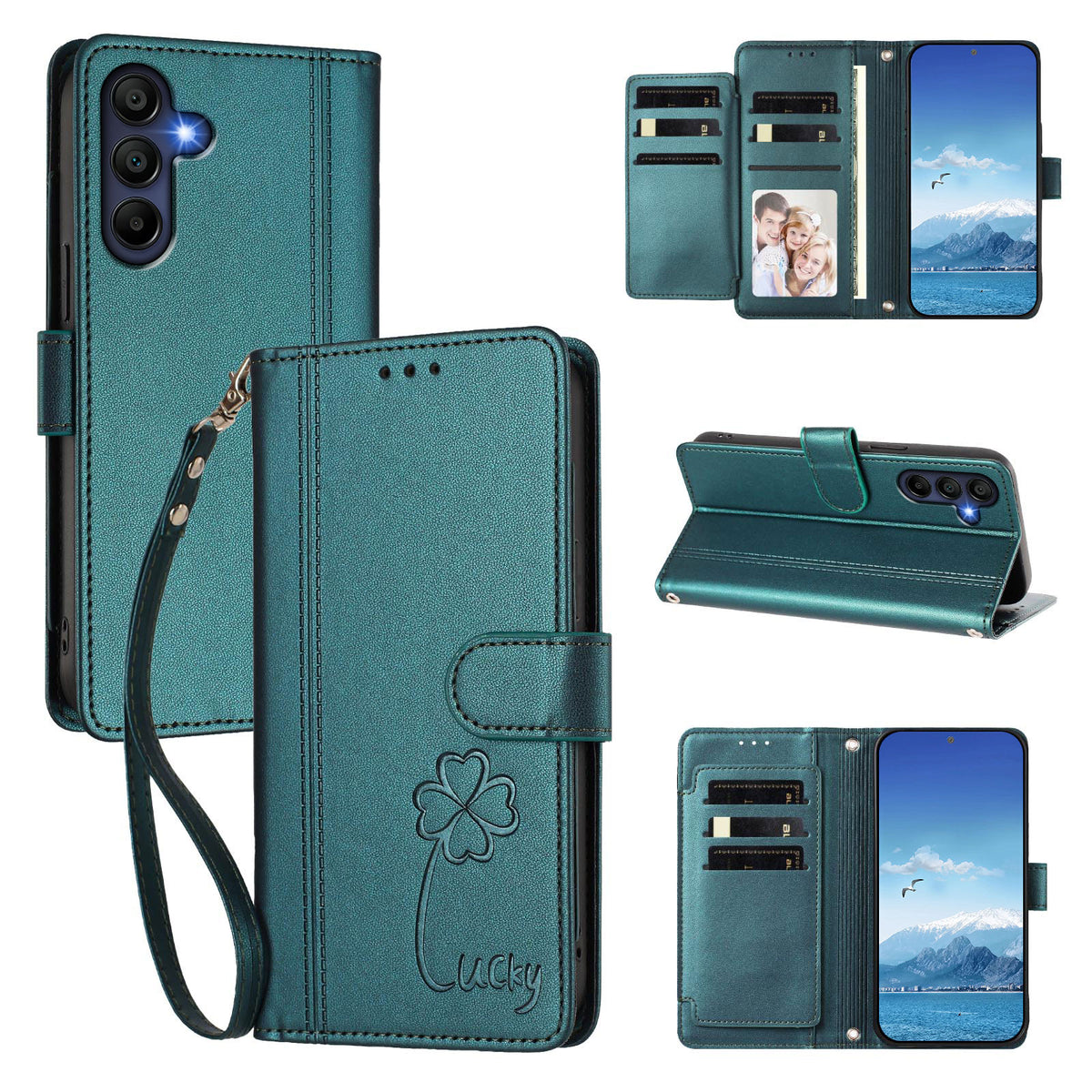 Samsung Galaxy A16 4G / Galaxy A16 5G Plånboksfodral 9 Kortfack Lucky Clover Imprint Lädermobilfodral med Handledsrem