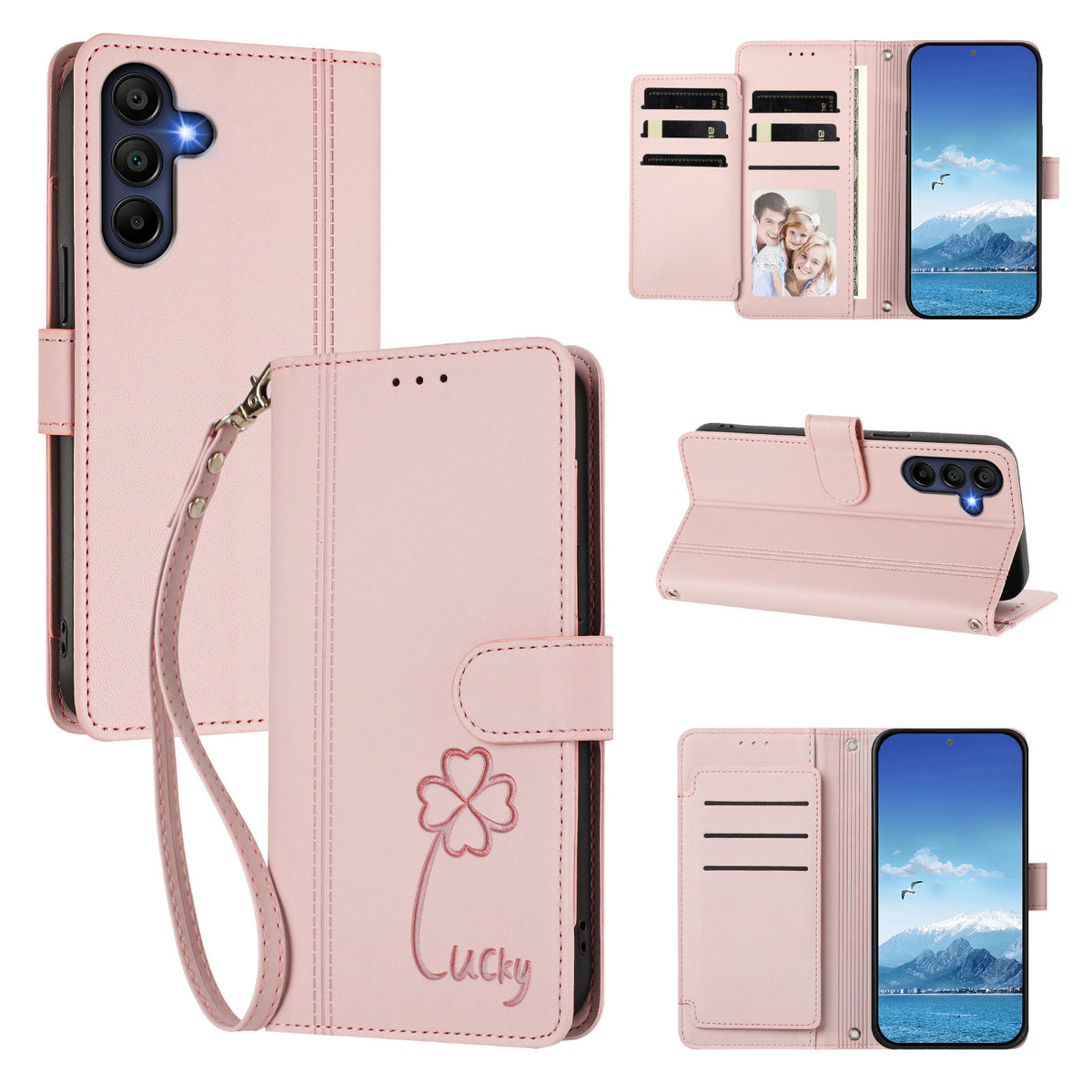 Samsung Galaxy A16 4G / Galaxy A16 5G Plånboksfodral 9 Kortfack Lucky Clover Imprint Lädermobilfodral med Handledsrem
