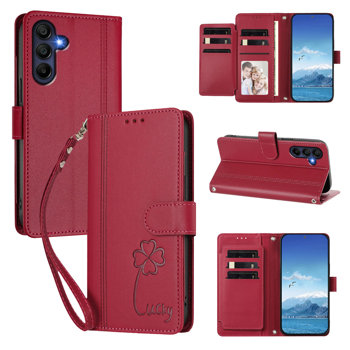 Samsung Galaxy A16 4G / Galaxy A16 5G Plånboksfodral 9 Kortfack Lucky Clover Imprint Lädermobilfodral med Handledsrem