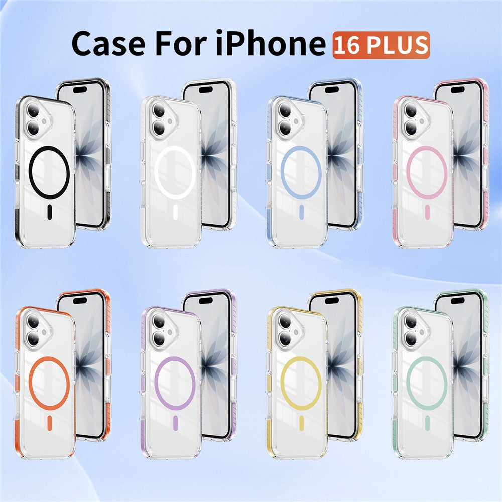 For iPhone 16 Plus Magnetic Case TPU + Acrylic Airbag Shockproof Anti-Slip Color Strip Phone Cover