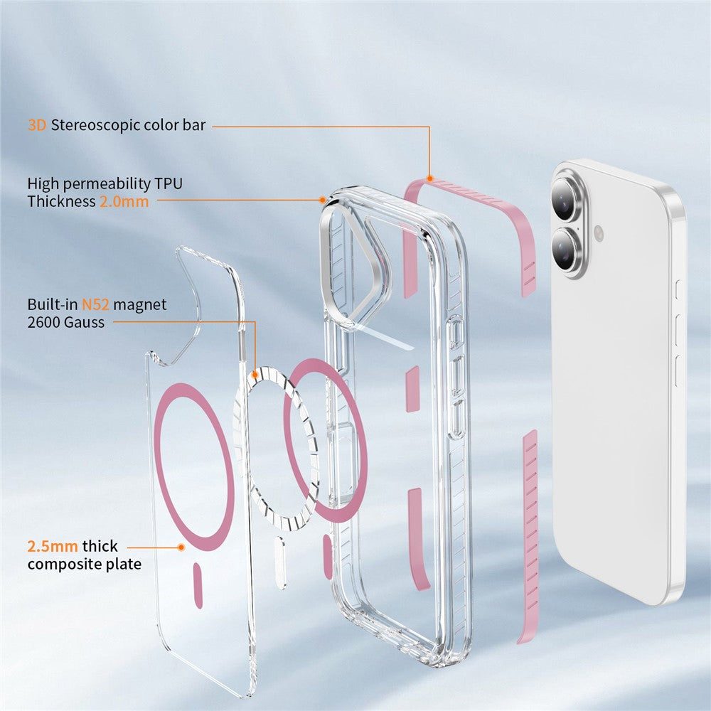 For iPhone 16 Plus Magnetic Case TPU + Acrylic Airbag Shockproof Anti-Slip Color Strip Phone Cover
