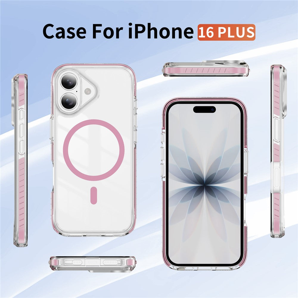 For iPhone 16 Plus Magnetic Case TPU + Acrylic Airbag Shockproof Anti-Slip Color Strip Phone Cover