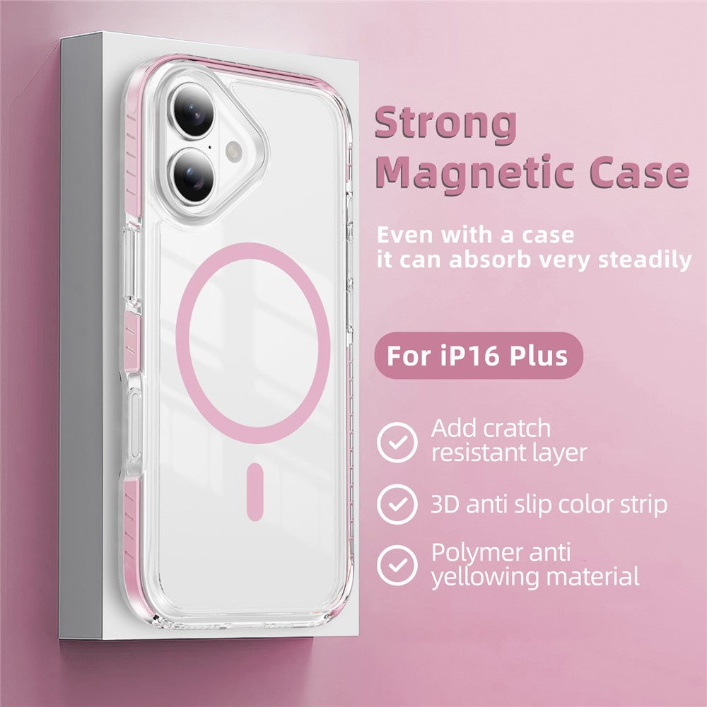 For iPhone 16 Plus Magnetic Case TPU + Acrylic Airbag Shockproof Anti-Slip Color Strip Phone Cover