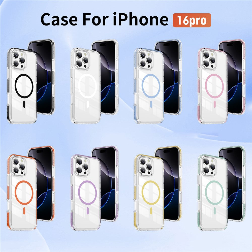 For iPhone 16 Pro Magnetic Case TPU + Acrylic Airbag Shockproof Anti-Slip Color Strip Phone Cover