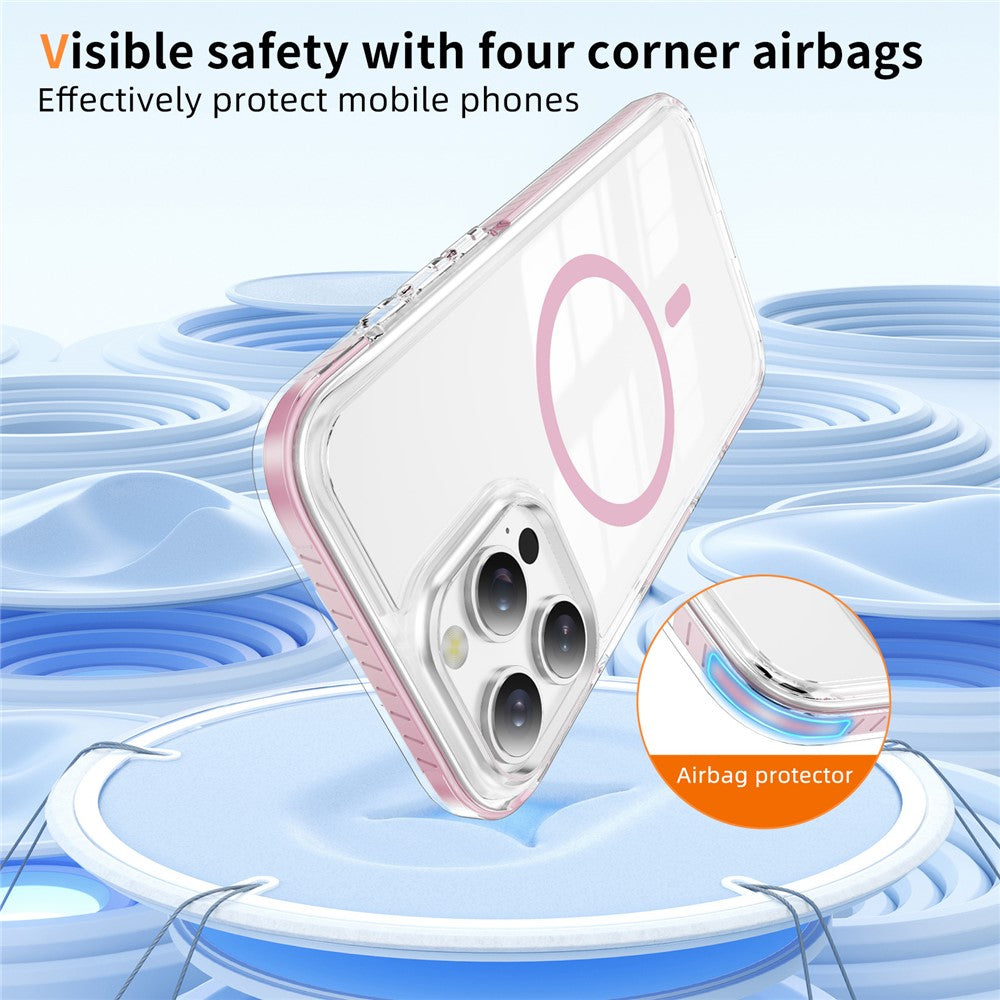 For iPhone 16 Pro Magnetic Case TPU + Acrylic Airbag Shockproof Anti-Slip Color Strip Phone Cover