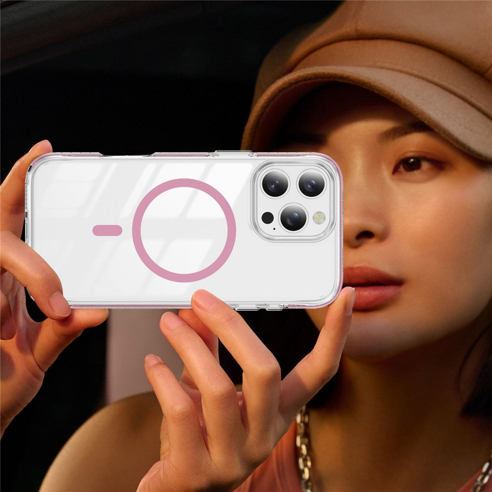 For iPhone 16 Pro Magnetic Case TPU + Acrylic Airbag Shockproof Anti-Slip Color Strip Phone Cover