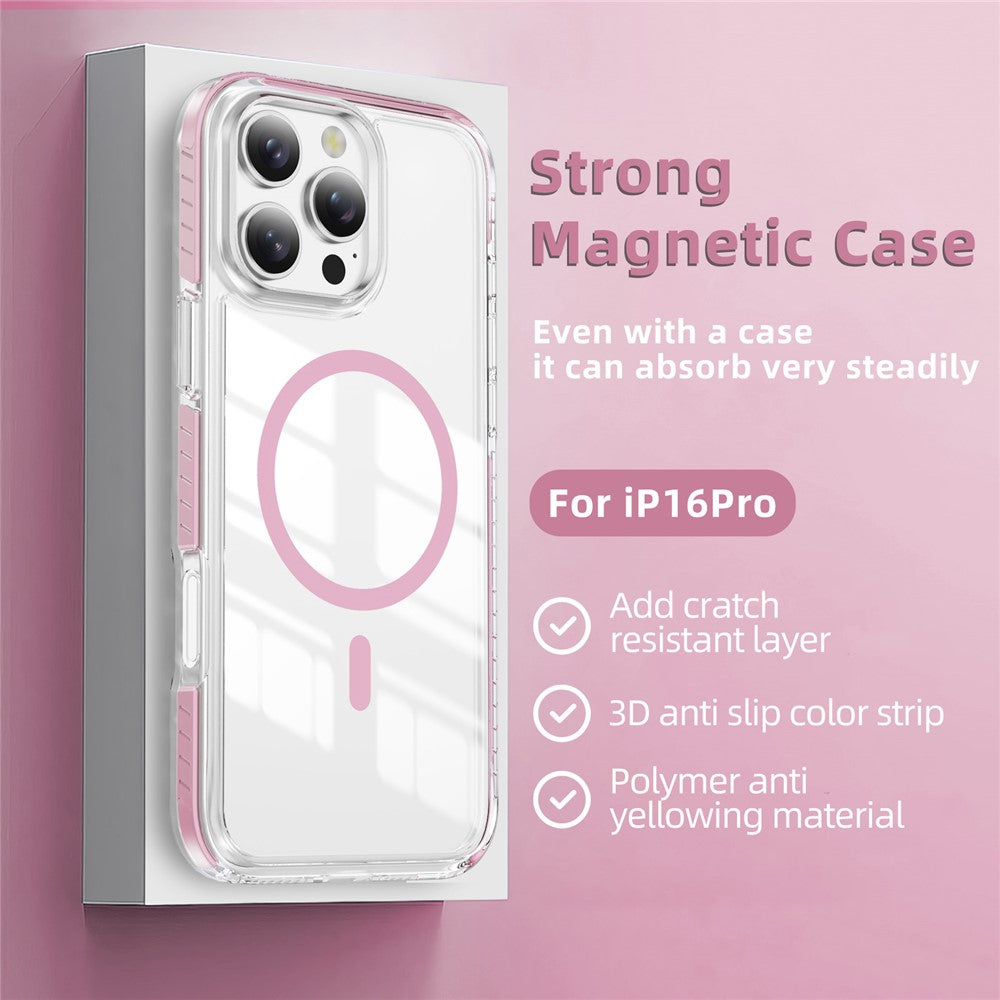 For iPhone 16 Pro Magnetic Case TPU + Acrylic Airbag Shockproof Anti-Slip Color Strip Phone Cover