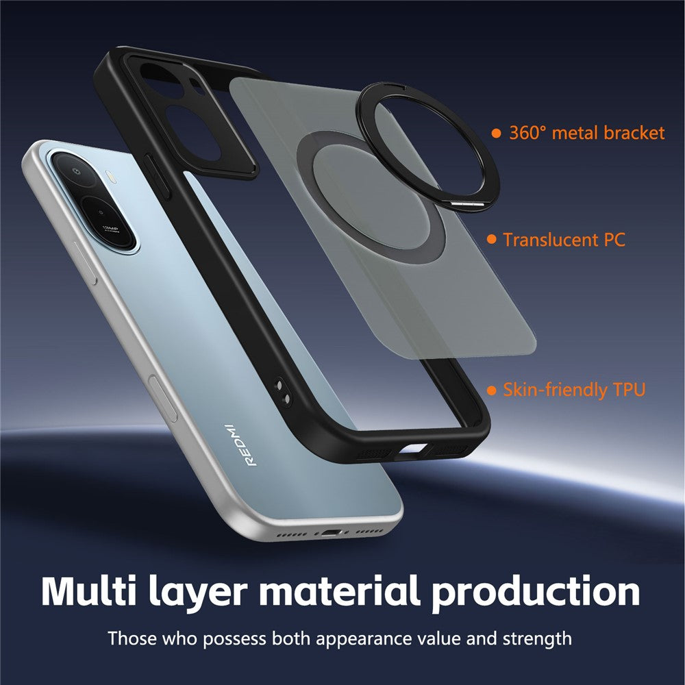 Mobilcover til Xiaomi Redmi A7 Pro 4G (171.56 mm) / A7 Pro 5G / Poco C85x 5G / C81 4G, roterende magnetisk stander, mat PC + TPU-stødsikkert etui
