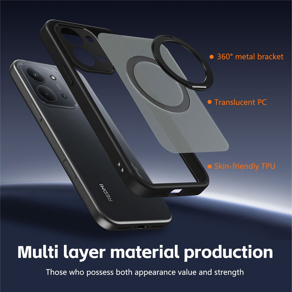 For Xiaomi Redmi 15C 4G (Global) (171mm) / Poco C85 4G (171mm) Case Rotating Magnetic Kickstand Frosted Matte PC + TPU Shockproof Phone Cover
