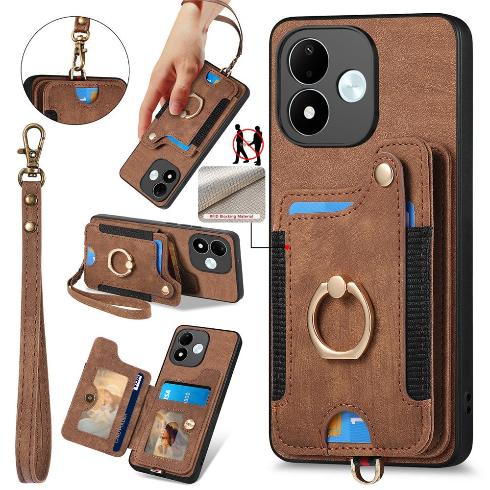 For Xiaomi Redmi Note 17 4G (Global) / Note 17 5G (Global) / Note 17 (India / China) 5G Retro PU Leather Case Phone Cover with RFID Blocking Card Holder / Ring Holder
