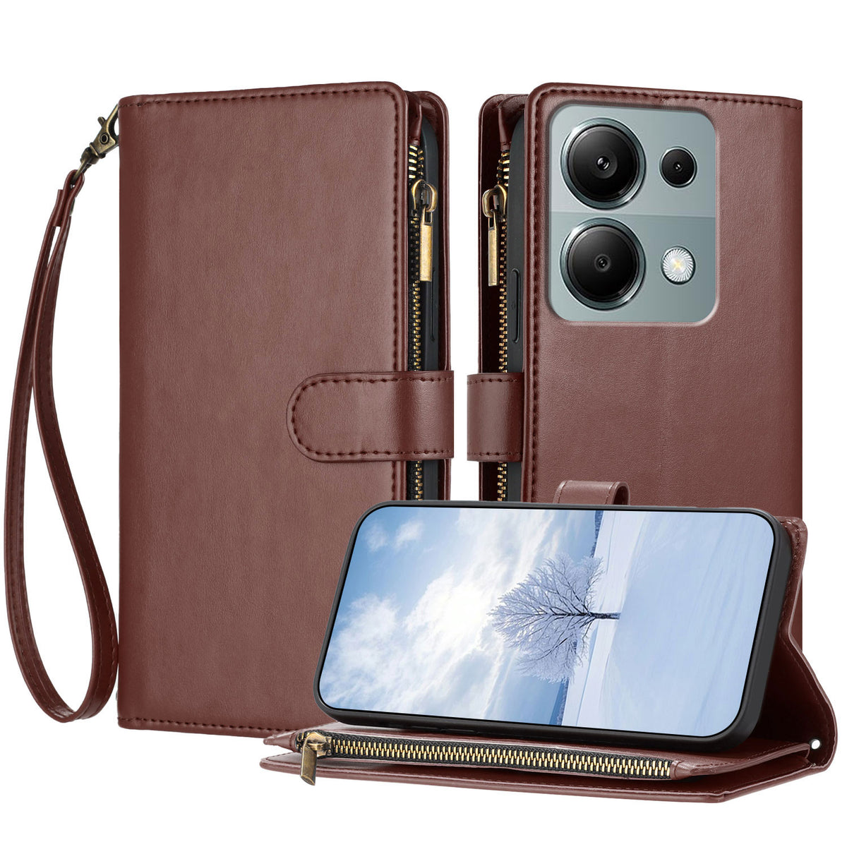For Xiaomi Redmi 17 5G / Xiaomi Redmi 17 4G Leather Case Zipper Wallet Stand Shockproof Phone Cover with Wrist Strap