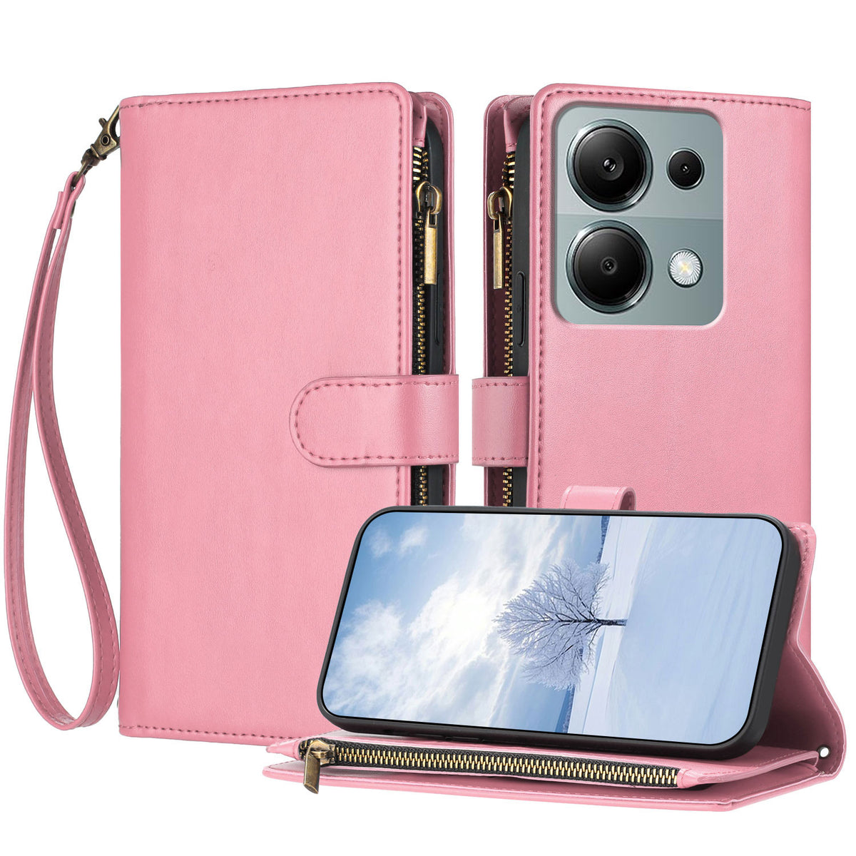 For Xiaomi Redmi 17 5G / Xiaomi Redmi 17 4G Leather Case Zipper Wallet Stand Shockproof Phone Cover with Wrist Strap