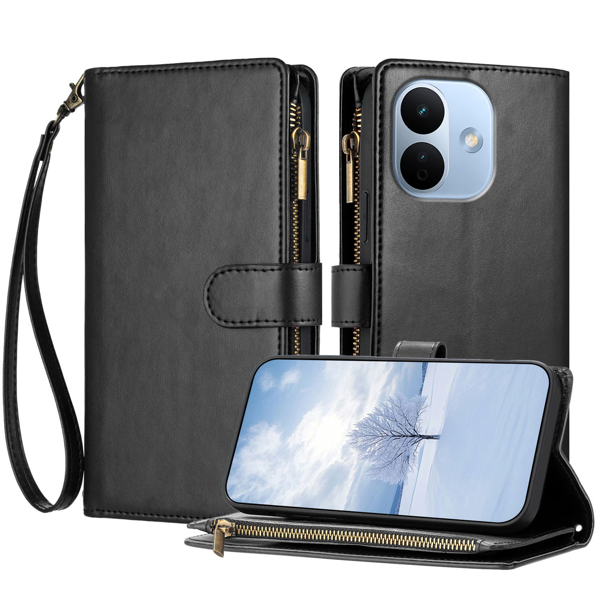For Xiaomi Redmi Note 17 Pro 5G Leather Case Zipper Wallet Stand Shockproof Phone Cover with Wrist Strap
