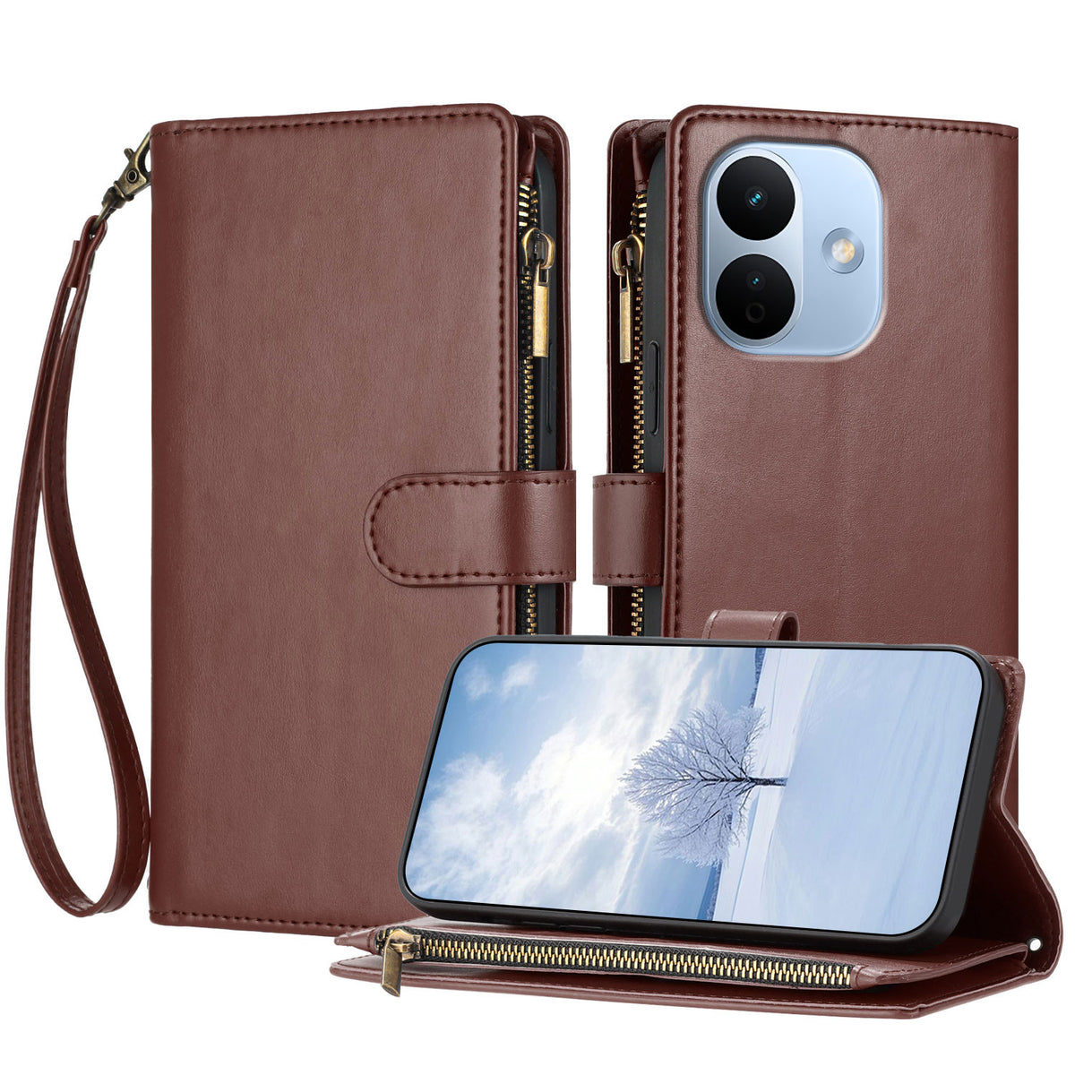 For Xiaomi Redmi Note 17 Pro 5G Leather Case Zipper Wallet Stand Shockproof Phone Cover with Wrist Strap