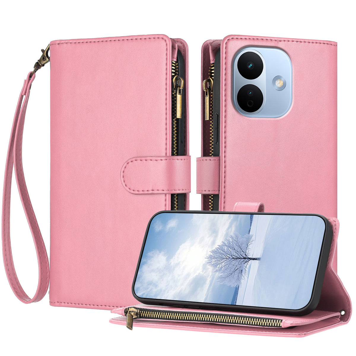 For Xiaomi Redmi Note 17 Pro 5G Leather Case Zipper Wallet Stand Shockproof Phone Cover with Wrist Strap