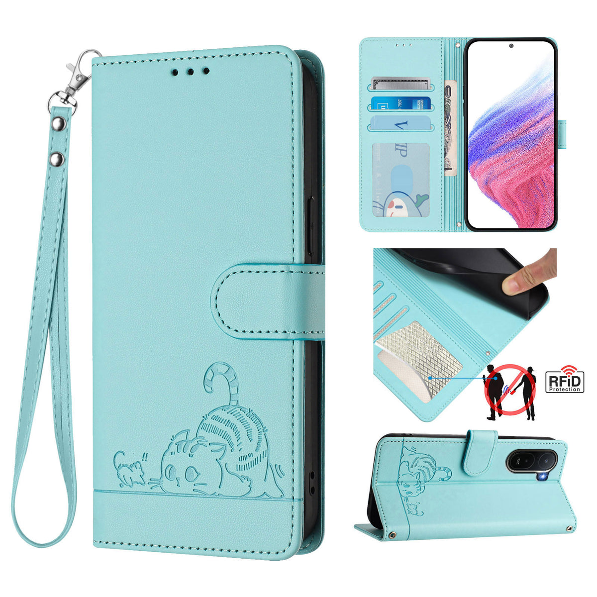 For Xiaomi Redmi A7 Pro 4G (171.56mm) / Xiaomi Redmi A7 Pro 5G / Xiaomi Poco C85x 5G / Xiaomi Poco C81 4G Case with Strap RFID Blocking Leather Wallet Phone Cover Cat Mouse Pattern