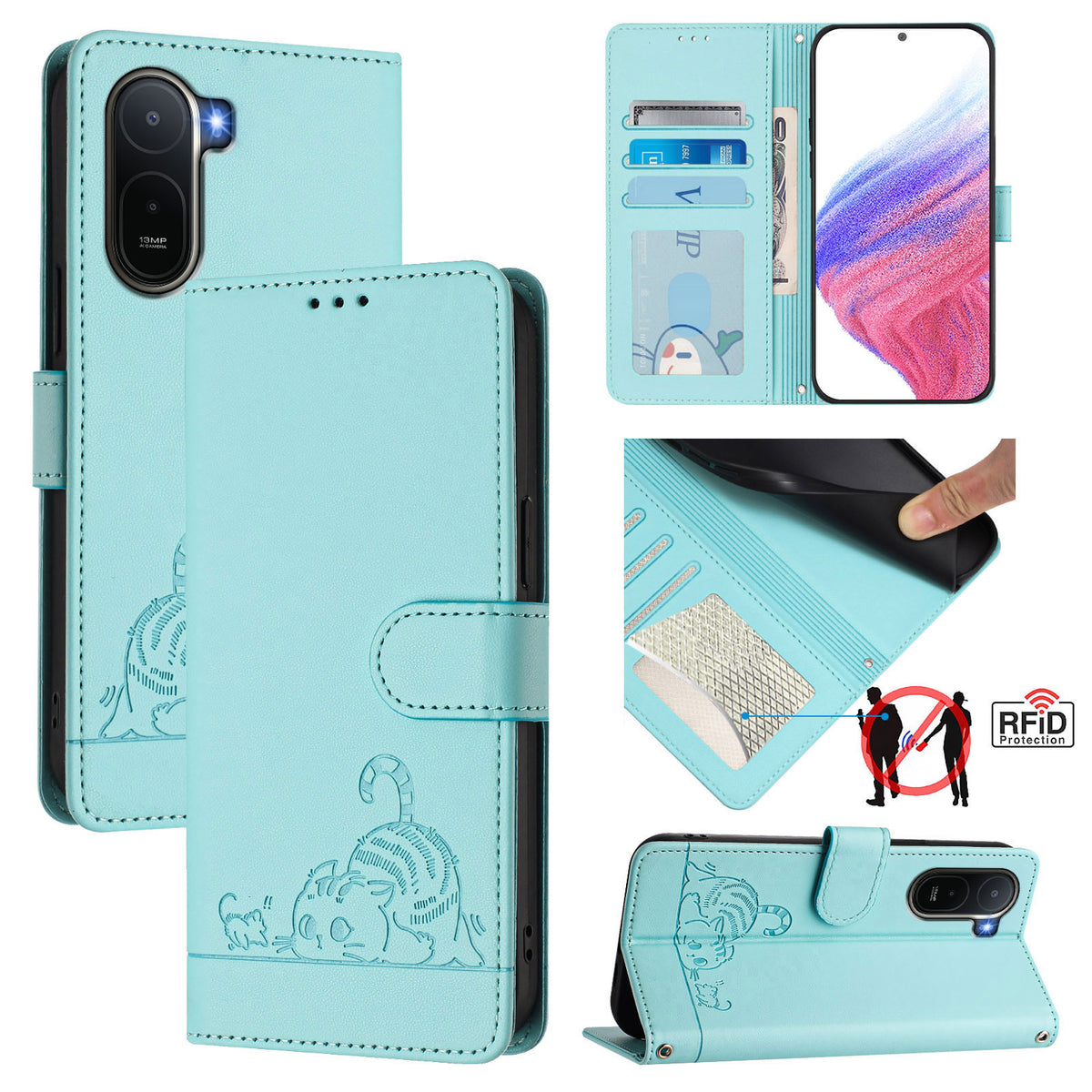 For Xiaomi Redmi A7 Pro 4G (171.56mm) / Xiaomi Redmi A7 Pro 5G / Xiaomi Poco C85x 5G / Xiaomi Poco C81 4G Case with Strap RFID Blocking Leather Wallet Phone Cover Cat Mouse Pattern