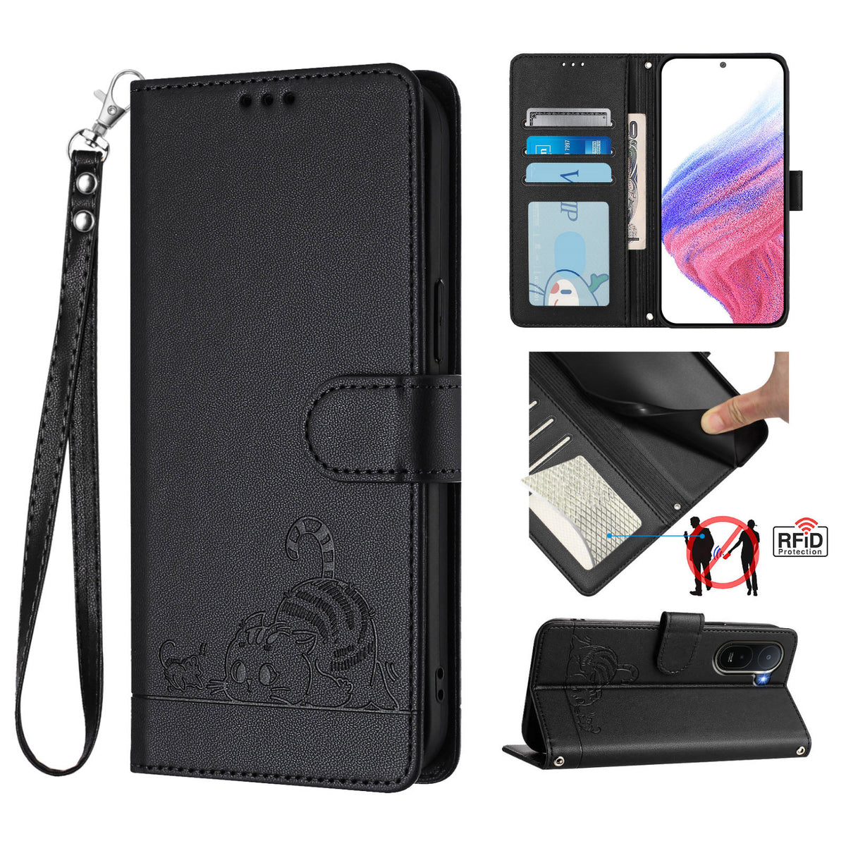 For Xiaomi Redmi A7 Pro 4G (171.56mm) / Xiaomi Redmi A7 Pro 5G / Xiaomi Poco C85x 5G / Xiaomi Poco C81 4G Case with Strap RFID Blocking Leather Wallet Phone Cover Cat Mouse Pattern