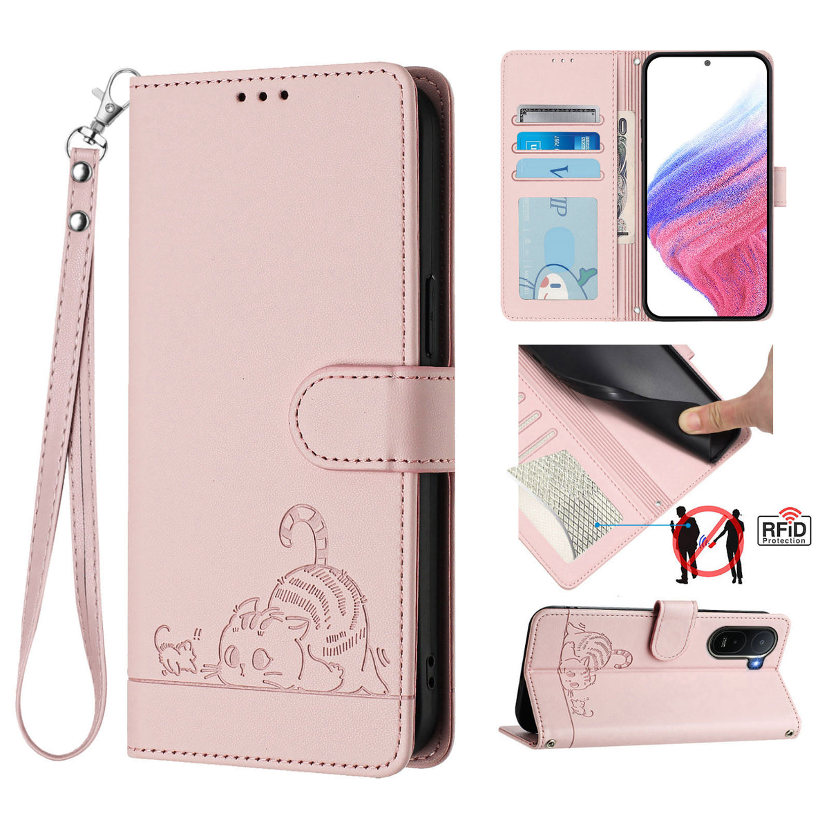 For Xiaomi Redmi A7 Pro 4G (171.56mm) / Xiaomi Redmi A7 Pro 5G / Xiaomi Poco C85x 5G / Xiaomi Poco C81 4G Case with Strap RFID Blocking Leather Wallet Phone Cover Cat Mouse Pattern