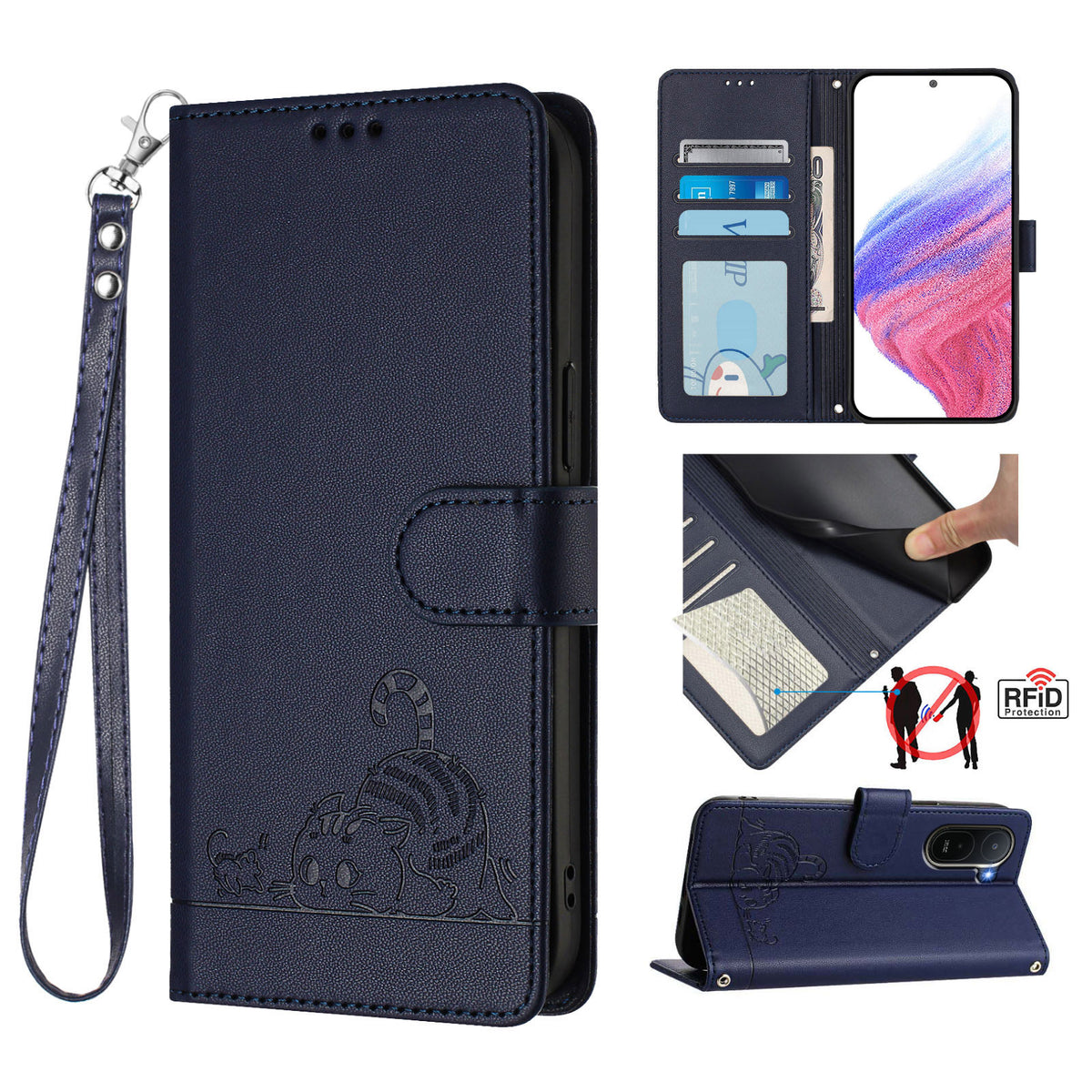 For Xiaomi Redmi A7 Pro 4G (171.56mm) / Xiaomi Redmi A7 Pro 5G / Xiaomi Poco C85x 5G / Xiaomi Poco C81 4G Case with Strap RFID Blocking Leather Wallet Phone Cover Cat Mouse Pattern