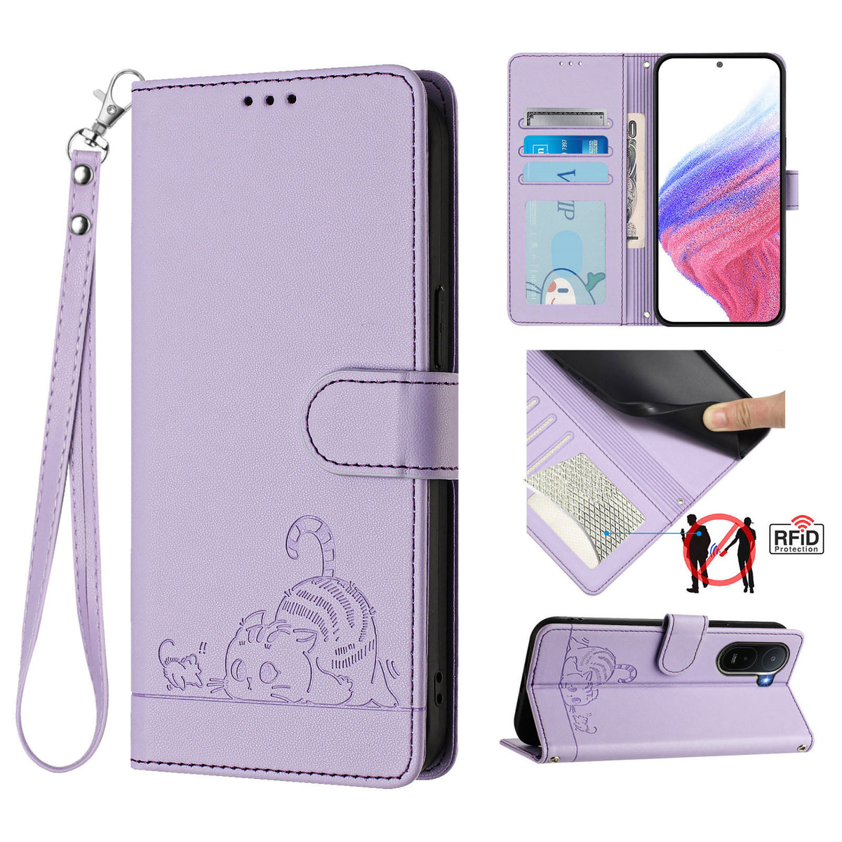For Xiaomi Redmi A7 Pro 4G (171.56mm) / Xiaomi Redmi A7 Pro 5G / Xiaomi Poco C85x 5G / Xiaomi Poco C81 4G Case with Strap RFID Blocking Leather Wallet Phone Cover Cat Mouse Pattern