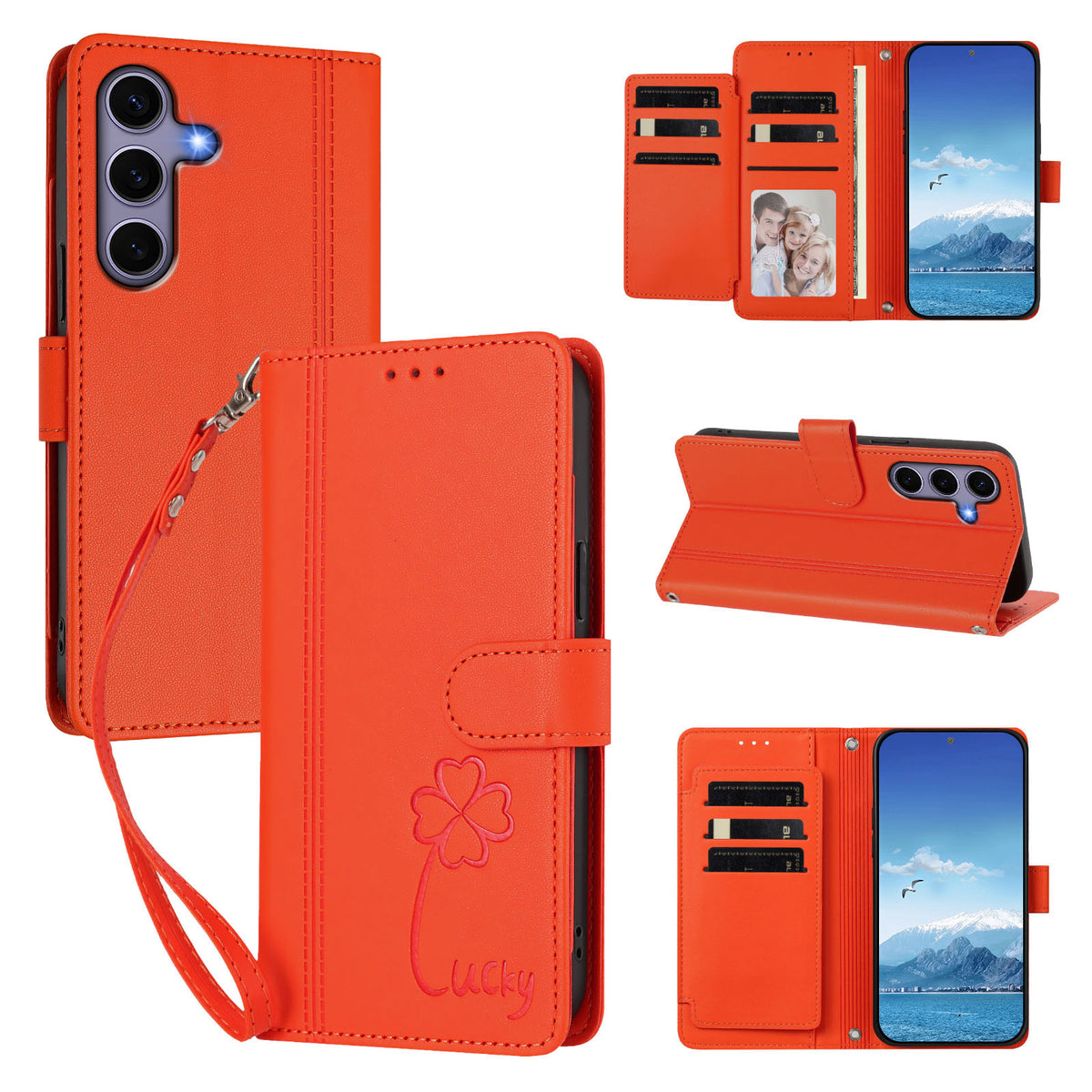 Pungfodral til Samsung Galaxy S24 / Galaxy S25 med 9 kortlommer, Lucky Clover-prægning, læder og håndledsrem