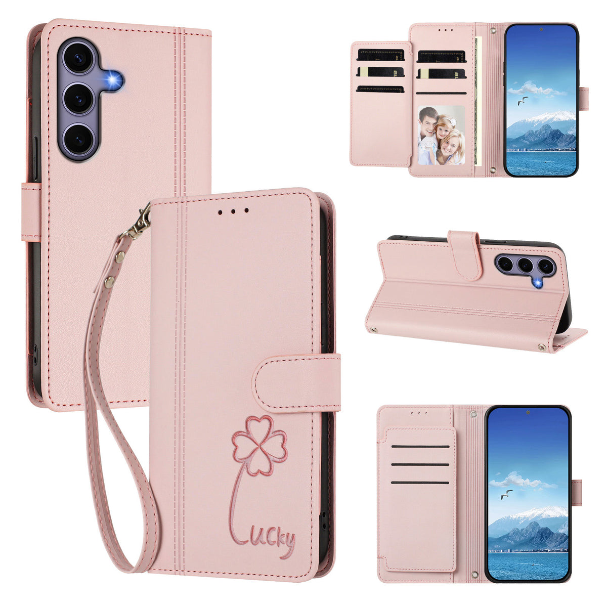 Pungfodral til Samsung Galaxy S24 / Galaxy S25 med 9 kortlommer, Lucky Clover-prægning, læder og håndledsrem