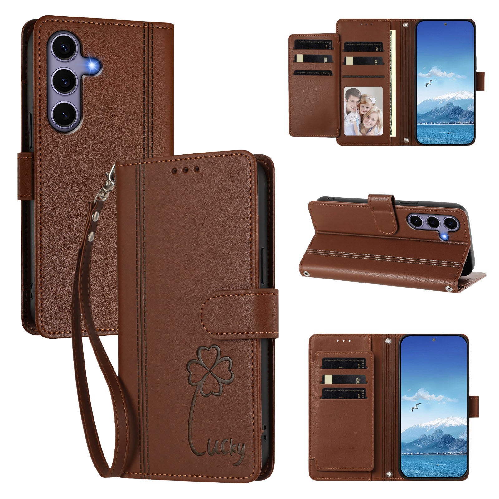 For Samsung Galaxy S24 / Galaxy S25 Wallet Case 9 Card Slots Lucky Clover Imprint Leather Phone Cover with Wrist Strap