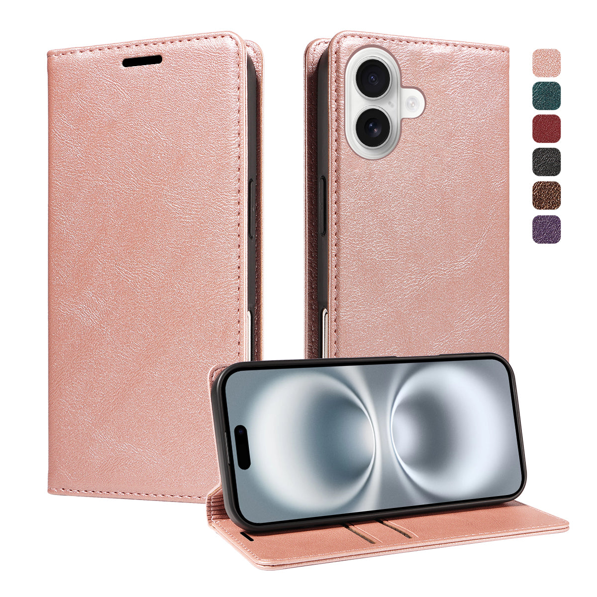 For iPhone 16 Wallet Case RFID Blocking Card Slots Stand Magnetic Closure Leather Phone Cover