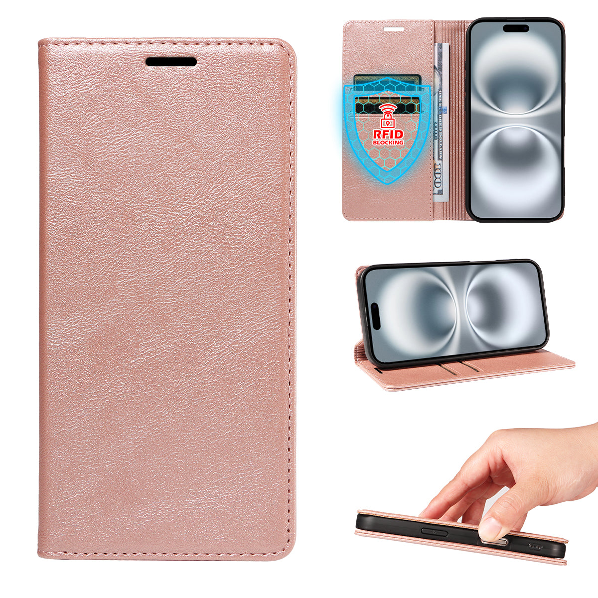 For iPhone 16 Wallet Case RFID Blocking Card Slots Stand Magnetic Closure Leather Phone Cover