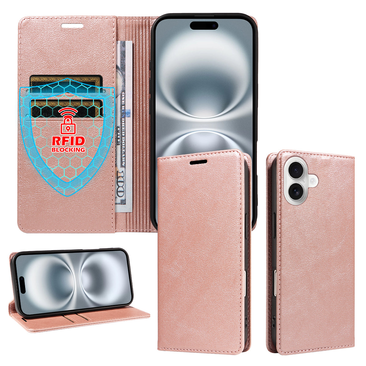 For iPhone 16 Wallet Case RFID Blocking Card Slots Stand Magnetic Closure Leather Phone Cover