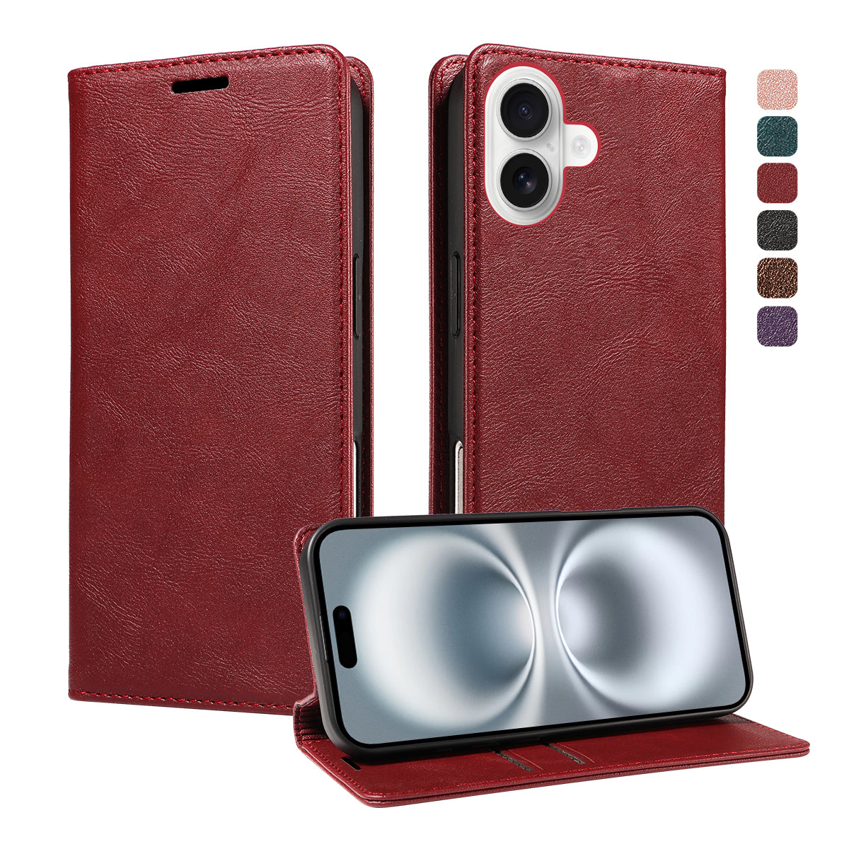 For iPhone 16 Wallet Case RFID Blocking Card Slots Stand Magnetic Closure Leather Phone Cover