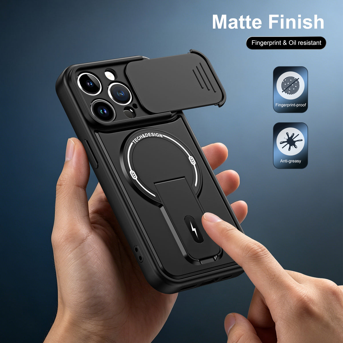 WANLONFENG for iPhone 13 Pro Max BT Series Case Sliding Lens Cover Kickstand PC + TPU Phone Cover with 2Pcs Tempered Glass Film