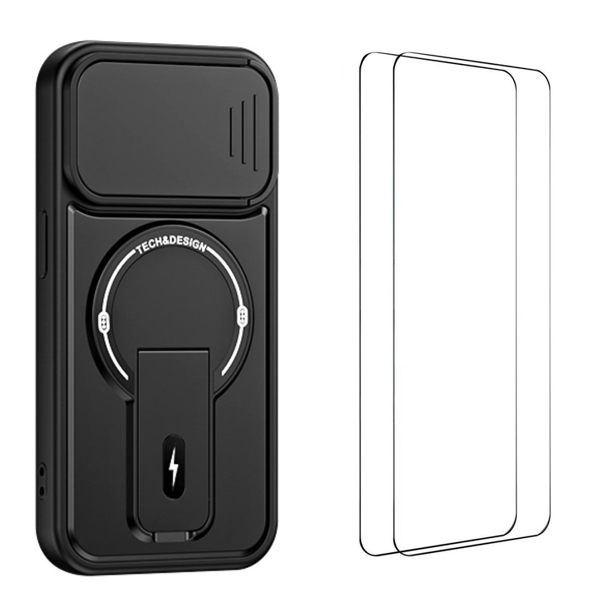 WANLONFENG-cover i BT-serien til iPhone 13 Pro Max med glidende linsebeskyttelse, støtte, PC + TPU-mobilcover med 2 hærdede glasfilm