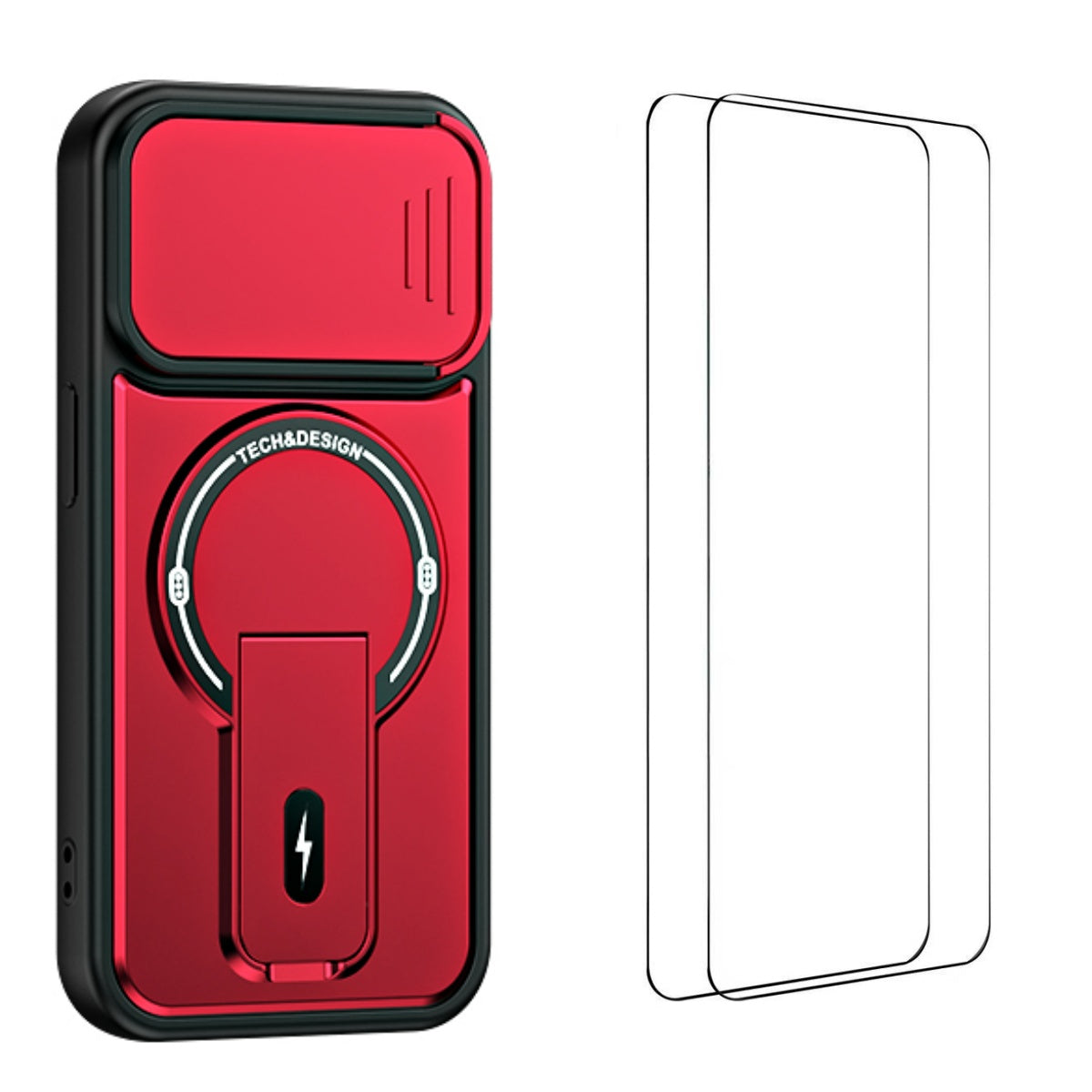 WANLONFENG-cover i BT-serien til iPhone 13 Pro Max med glidende linsebeskyttelse, støtte, PC + TPU-mobilcover med 2 hærdede glasfilm