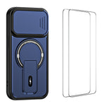 WANLONFENG-cover i BT-serien til iPhone 13 Pro Max med glidende linsebeskyttelse, støtte, PC + TPU-mobilcover med 2 hærdede glasfilm