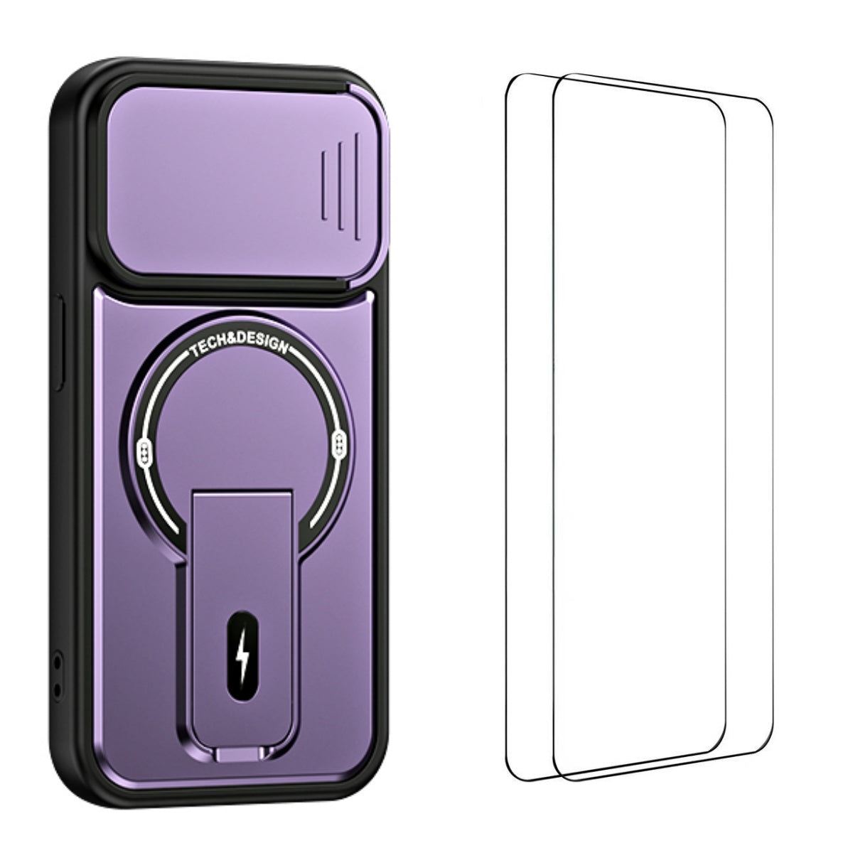 WANLONFENG-cover i BT-serien til iPhone 13 Pro Max med glidende linsebeskyttelse, støtte, PC + TPU-mobilcover med 2 hærdede glasfilm