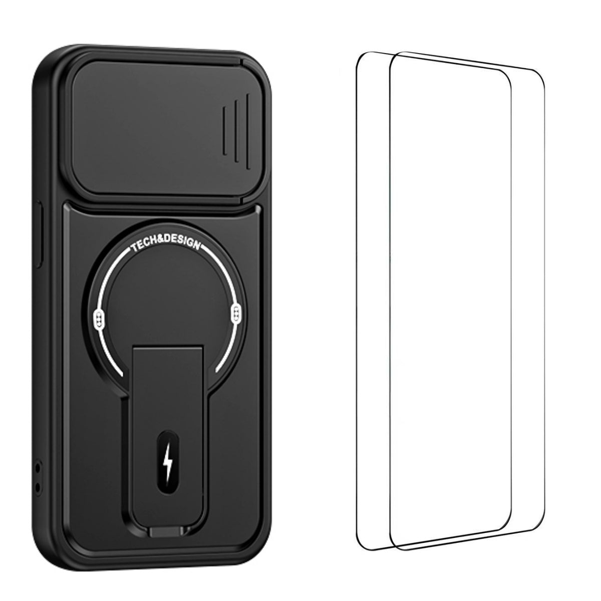 WANLONFENG för iPhone 15 BT-seriens fodral med glidande linsskydd, stativ, PC + TPU-mobilskal med 2 st. härdat glasfilm
