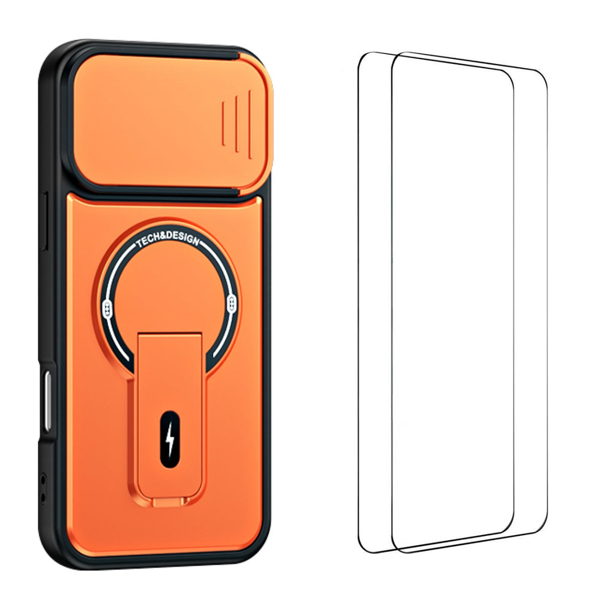 WANLONFENG för iPhone 16 Pro BT-seriens fodral med glidande linsskydd, stativ, PC + TPU-mobilskal med 2 st. härdat glasfilm