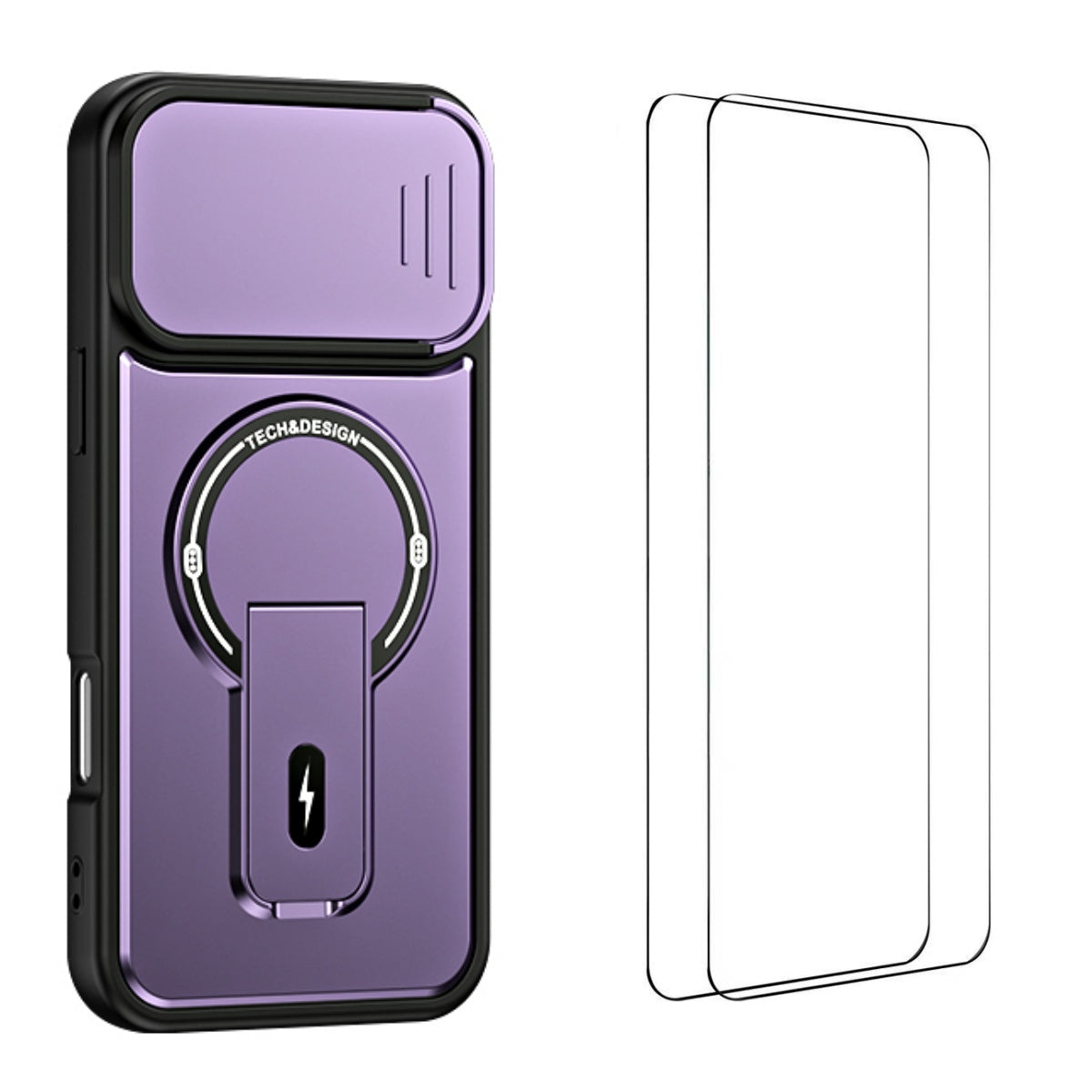WANLONFENG för iPhone 16 Pro BT-seriens fodral med glidande linsskydd, stativ, PC + TPU-mobilskal med 2 st. härdat glasfilm