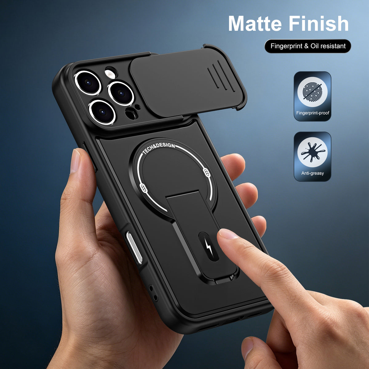 WANLONFENG cover til iPhone 16 Pro Max i BT-serien med glidende linsebeskytter og støttefod, PC + TPU-mobilcover med 2 stk. hærdede glasfilm