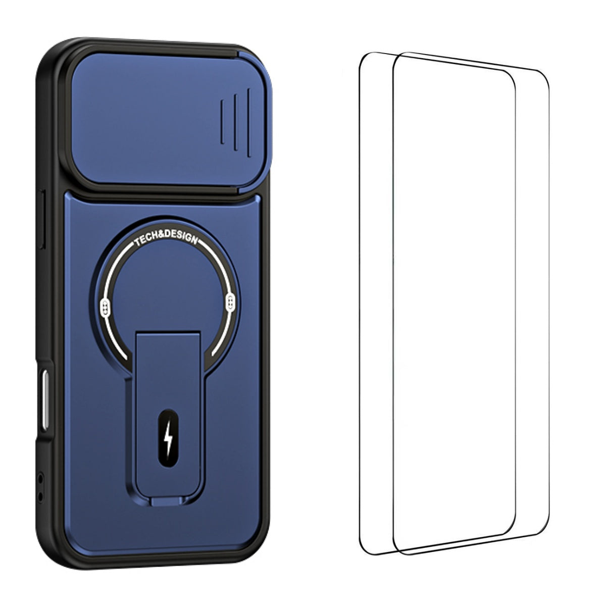 WANLONFENG cover til iPhone 16 Pro Max i BT-serien med glidende linsebeskytter og støttefod, PC + TPU-mobilcover med 2 stk. hærdede glasfilm